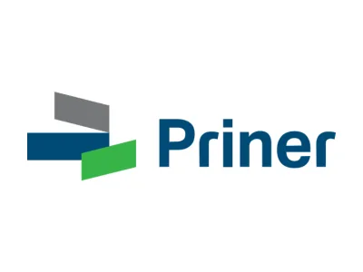 a logo with blue green and grey letters
